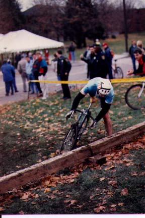 Marro fails to unclip and crashes into a hurdle at Waltham CX Nats in 1990