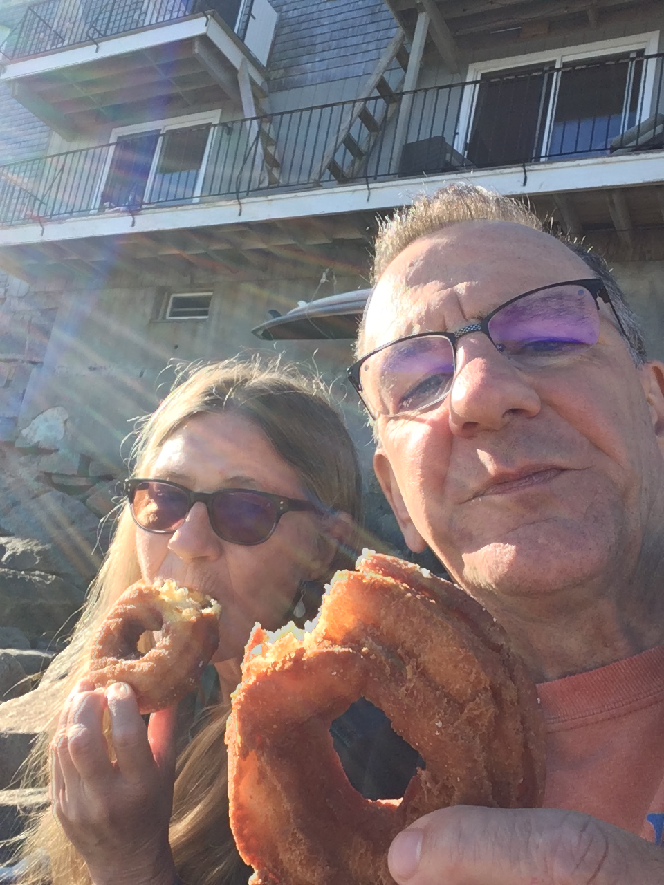 Dave and Robin enjoying doughnuts in Rockport